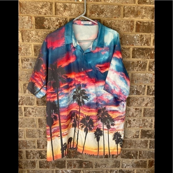 Hawaiian Pink Palm Tree Sunset Button Down Shirt Sz Large Preowned - Picture 1 of 5